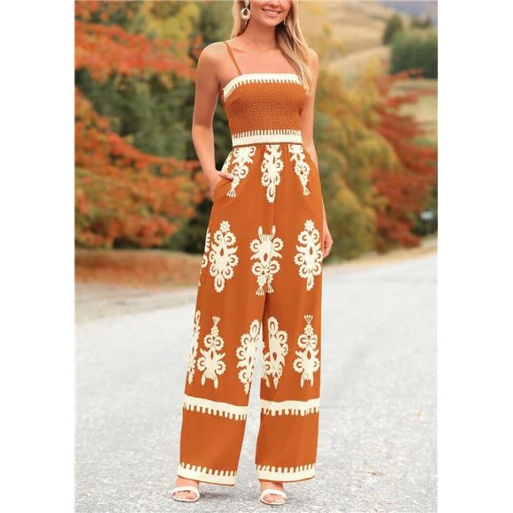 Women's Summer Boho Jumpsuit Spaghetti Strap Wide Leg Pants, Brick Red - Picture 3 of 6